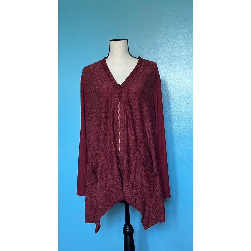 LOGO Lori Goldstein Zip Front Tunic Cardigan L Red Asymmetrical Hem Knit Top